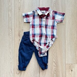 Bow tie Plaid Button-Up Onesie with Navy Pants